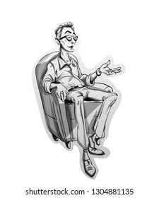 Journalist man sitting on a chair Vector sketch. Storyboard cartoon character illustrations