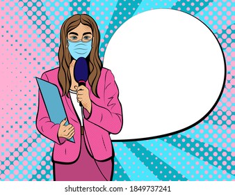 Journalist  in mask with microphone pop art vector. Global quarantine. Use it for print or web poster design for actual info about pandemic.