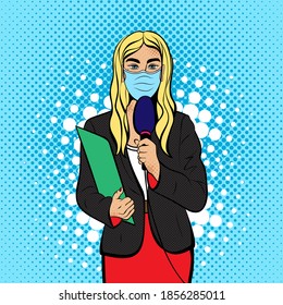 Journalist  in mask with microphone pop art vector. Global quarantine. Use it for print or web poster design for actual info about pandemic.