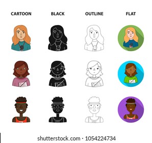 A journalist with a microphone with a badge, a teacher with a pointer in beads, a stewardess in a pilot cap, an athlete with a bandage on her head.People of different professions set collection icons