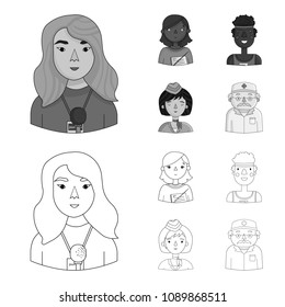 A journalist with a microphone with a badge, a teacher with a pointer in beads, a stewardess in a pilot cap, an athlete with a bandage on her head.People of different professions set collection icons