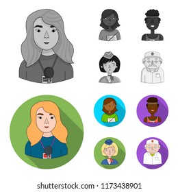 A journalist with a microphone with a badge, a teacher with a pointer in beads, a stewardess in a pilot s cap, an athlete with a bandage on her head.People of different professions set collection