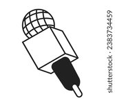 Journalist microphone black and white 2D cartoon object. Press conference audio equipment isolated vector outline item. Interview correspondent. News reporter mic monochromatic flat spot illustration