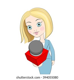 Journalist with microphone. Journalist concept art. Journalist interviews.  Young woman with microphone. Professional communication vector illustration 