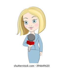 Journalist with microphone. Journalist concept art. Journalist interviews.  Young woman with microphone. Professional communication vector illustration 