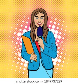 Journalist with microphone pop art.  Vector background in comic style retro pop art. 