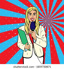 Periodista con arte pop de micrófono. Fondo vectorial en arte pop retro de estilo cómico.	
