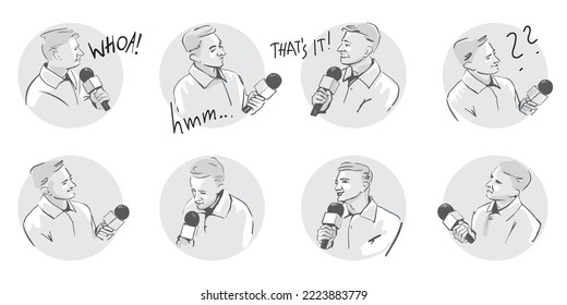 Journalist and microphone  Set emotional  internet memes for social media  Various facial expressions in line drawing  Sketch isolated vector 