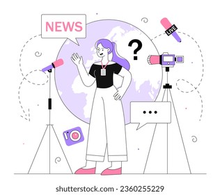 Journalist with microphones line concept. Young girl at background of planet map and globe. Mass media and news at tv show. Reporter make weather forecast. Linear flat vector illustration