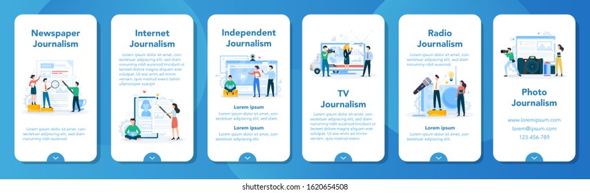 Journalist mobile application banner set. TV reporter with microphone. Mass media profession. Newspaper, internet and radio journalism. Vector illustration in cartoon style