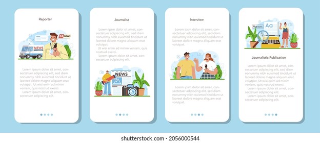Journalist mobile application banner set. Newspaper, internet and radio journalism. TV reporter interviewing a person with a microphone. Mass media profession. Vector flat illustration