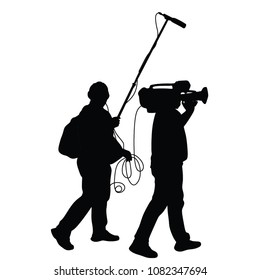 Journalist News Reporter  with camera crew vector silhouette illustration isolated on white background.