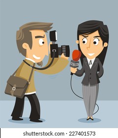 Journalist News Reporter With Camera, Vector Illustration Cartoon.