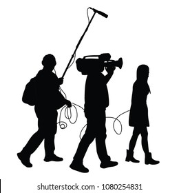 Journalist News Reporter Interview with camera crew vector silhouette illustration isolated on white background.