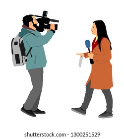 Journalist News Reporter Interview with camera crew vector illustration isolated. TV reporter interviewed people on street. Cameraman, light, sound assistant backup to presenter lady. Breaking news