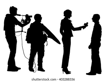 Journalist News Reporter Interview with camera crew vector silhouette illustration isolated. TV reporter interviewed people on the street. Cameraman, light, sound assistant backup to presenter lady.