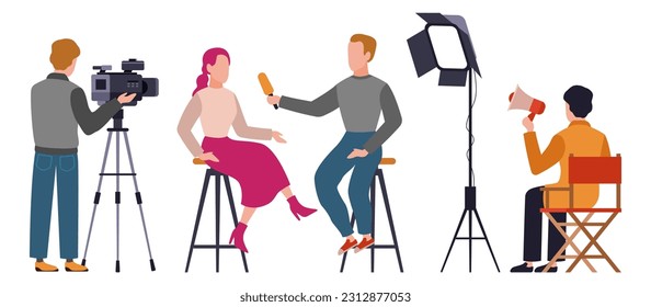 Journalist. Newscaster profession. Record press interview. Operator with camera, man with microphone in studio, online broadcast and television industry, cartoon flat isolated vector illustration