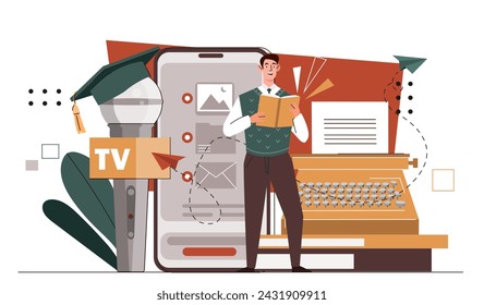 Journalist online with book. Man near typewriter machine and smartphone with information. Mass media worker. Propaganda and fake news. Cartoon flat vector illustration isolated on white background