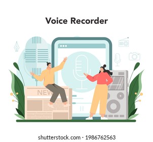Journalist online service or platform. Newspaper, television and radio journalism. TV reporter with a microphone. Online voice recorder. Vector flat illustration