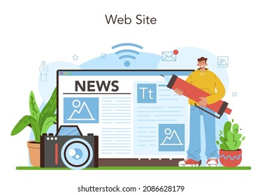 Journalist online service or platform. Newspaper, internet and radio journalism. TV reporter interviewing a person. Website. Vector illustration