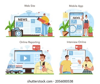 Journalist online service or platform set. Newspaper, internet and radio journalism. TV reporter interviewing a person. Online reporting, mobile app, interview, website. Vector illustration