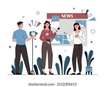 Journalist and operator. Characters interviewing famous person or expert. Mass media and TV shows. Specialist commentary, information. People recording news. Cartoon flat vector illustration