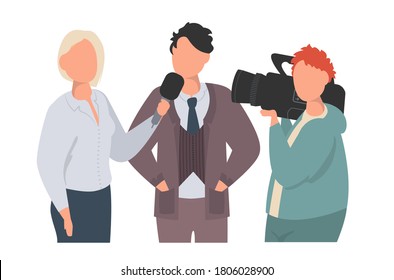 Journalist and operator interview television program or news filming vector.