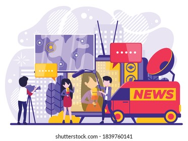 Journalist and operator interview television program or news filming vector. TV host or reporter and cameraman goes to somewhere looking for some news. Vector illustration