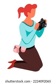Journalist or paparazzi photographer on knees photo camera vector isolated. Female character shooting or photographing bag and spare lens photography and shots focus and composition professional work.