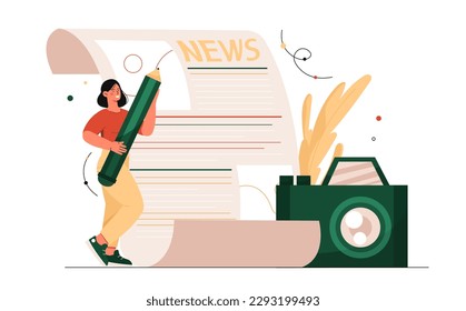 Journalist with pencil. Young girl writes article, news. Search for information and work of mass media. Publisher writing story. Daily news page at newspaper. Cartoon flat vector illustration