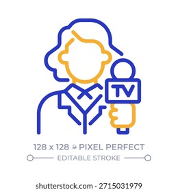 Journalist pixel perfect two color line icon. Woman interviewer with microphone. TV news. Information media bicolor outline symbol. Duotone linear pictogram. Isolated illustration. Editable stroke