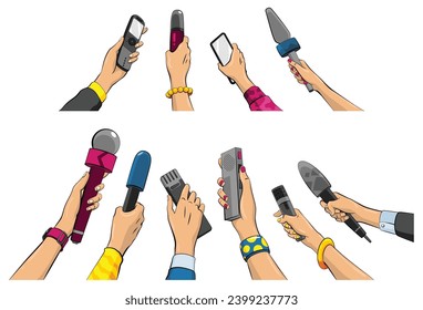 Journalist in pop art comic style, hand hold microphone. Set of voice recorder in hand of reporters. Press conference or interview, mass media news in cartoon vector illustration