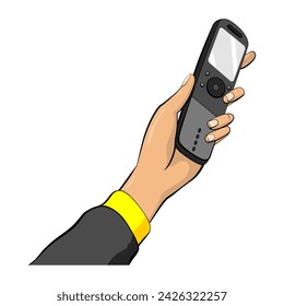 Journalist in pop art comic style, hand hold microphone. Voice recorder in hand of reporter. Press conference or interview, mass media news in cartoon vector illustration