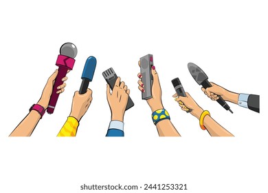 Journalist in pop art comic style, hand hold microphone. Set of voice recorder in hand of reporters. Press conference or interview, mass media news in cartoon vector illustration