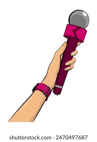 Journalist in pop art comic style, hand hold microphone. Voice recorder in hand of reporter. Press conference or interview, mass media news in cartoon vector illustration