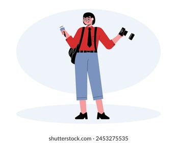 Journalist pose with microphone and camera, vector illustration.