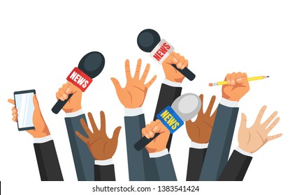 Journalist and press concept or banner template with hands holding news microphones. Vector illustration isolated on white background.