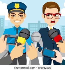 Journalist press interviewing a white collar corrupt businessman while policeman is arresting him
