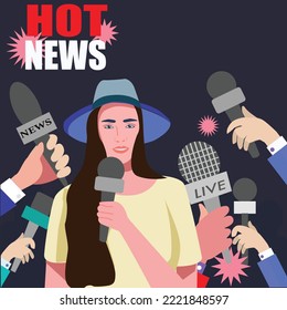 Journalist Pretty young woman with microphone reports news. Hand drawn illustration Breaking news concept. 