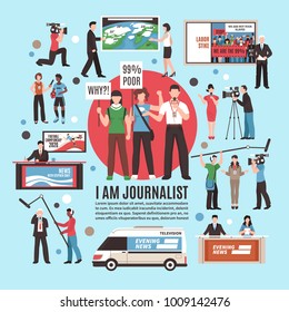 Journalist profession composition on blue background with live reportage, tv news program, weather forecast, interview vector illustration
