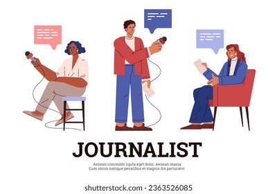 Journalist profession poster with text, flat vector illustration isolated on white background. Reporter or news presenter with microphone interviewing people.