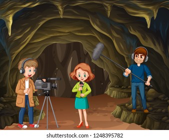 Journalist report from cave illustration