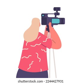 Journalist Or Reporter Female Character With Professional Video Camera Rear View. Woman Interviewing, Recording Live News, Visit Press Conference Or Briefing. Cartoon People Vector Illustration