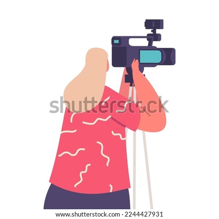 Journalist Or Reporter Female Character With Professional Video Camera Rear View. Woman Interviewing, Recording Live News, Visit Press Conference Or Briefing. Cartoon People Vector Illustration