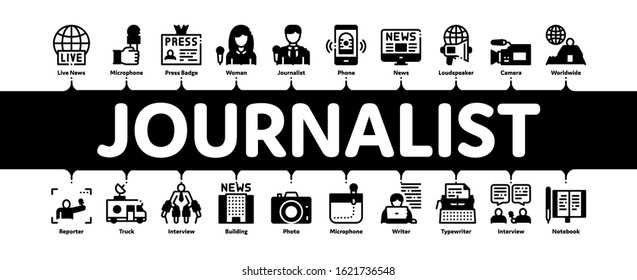 Journalist Reporter Minimal Infographic Web Banner Vector. Journalist And Hand With Microphone, Video And Photo Camera, Press And Live News Concept Illustrations
