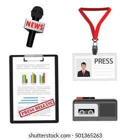 Journalist Or Reporter Vector Icon Set. Dictaphone, Microphone, Press Release And  Name Tag Badge Template. Plastic Lanyard Badge With Man Photo For Press.