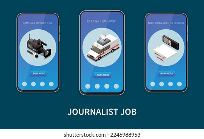 Journalist and reporters isometric concept set with news media mobile app templates isolated vector illustration