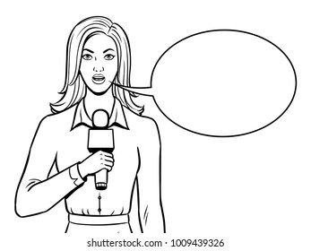 Journalist is reporting with microphone coloring vector illustration. Isolated image on white background. Comic book style imitation.