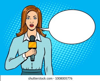 Journalist is reporting with microphone pop art retro vector illustration. Text bubble. Color background. Comic book style imitation.