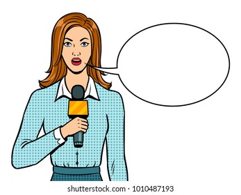 Journalist is reporting with microphone pop art retro vector illustration. Text bubble. Isolated image on white background. Comic book style imitation.